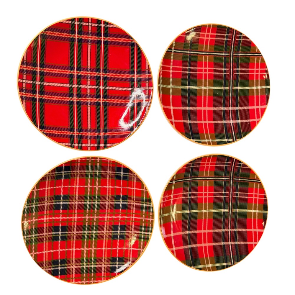 Pier 1 Imports Red tartan Plaid Porcelain dessert Salad Plates Gold Rim